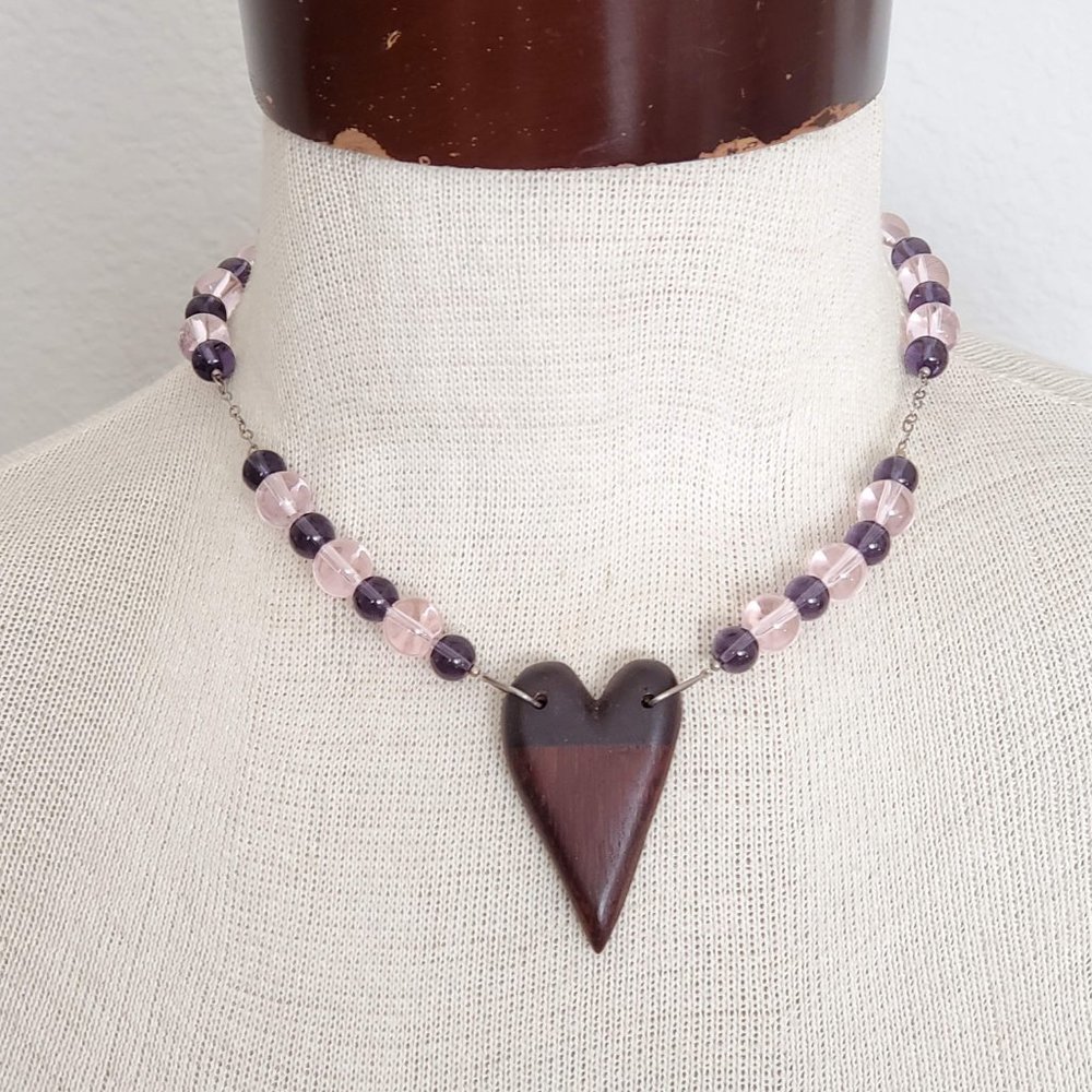 Artisan Made Carved Wood Heart Pendant Beaded Necklace